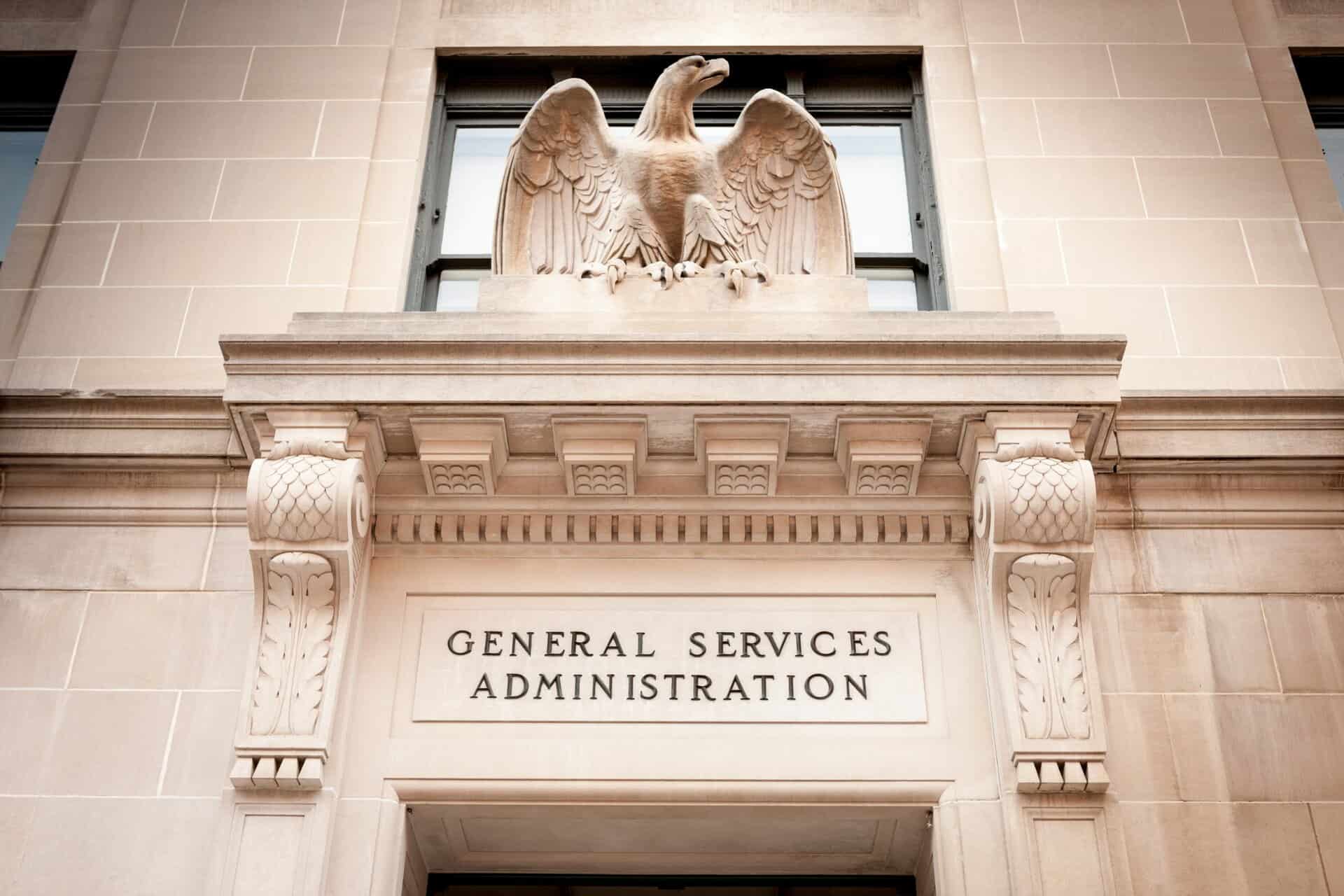 Front entrance of General Services Administration building in Washington, D